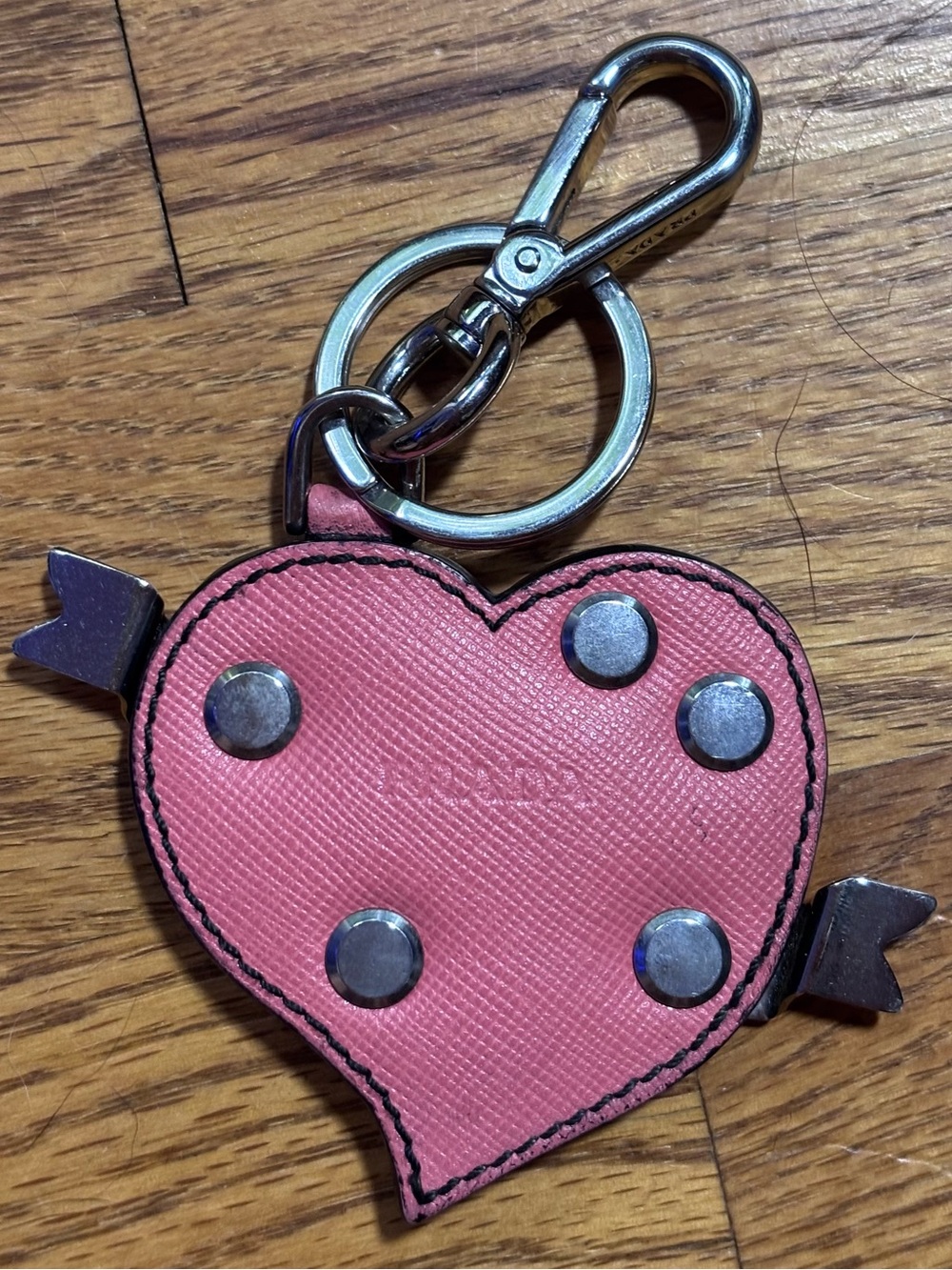 Prada Saffiano Leather Pink Heart Studded Bag Charm Keychain Y2K